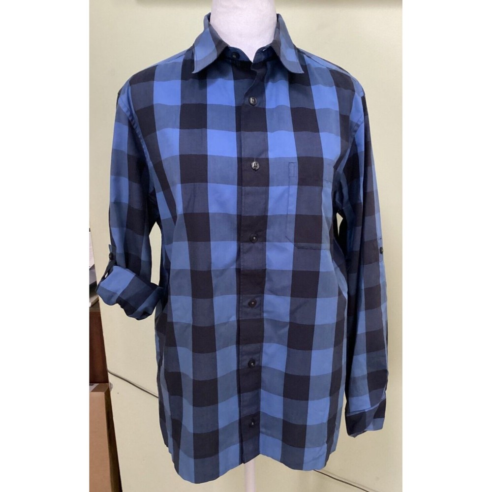 Spring + Mercer Men's Blue & Black Plaid Roll Tab Long Sleeve Casual Shirt Small